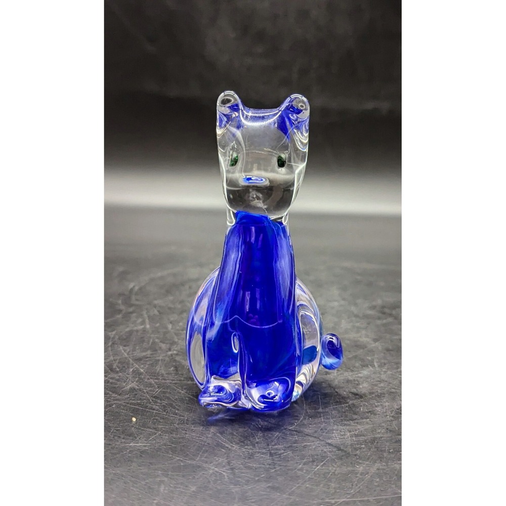 Handmade‎ Art Glass Blue Cat Kitten Kitty Figurine Paperweight Signed 4.5"